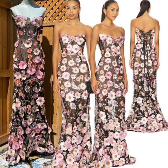 🆕 BRONX & BANCO 🧿 NWOT Jasmine Floral-Appliqued Gown, Black Multi - Sz M US 6 - Picture 1 of 15